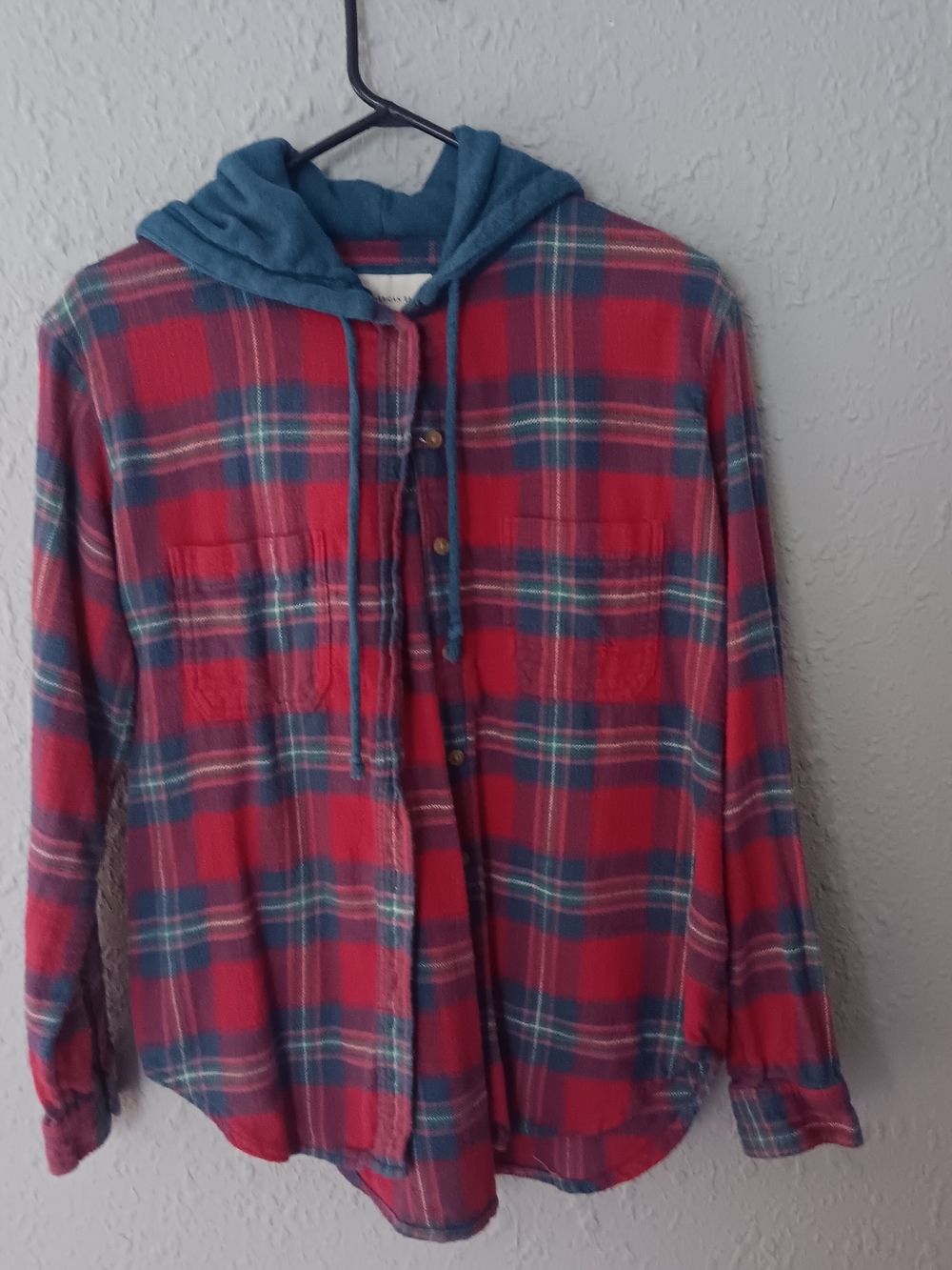 American Eagle Red and Blue Plaid Hooded Flannel